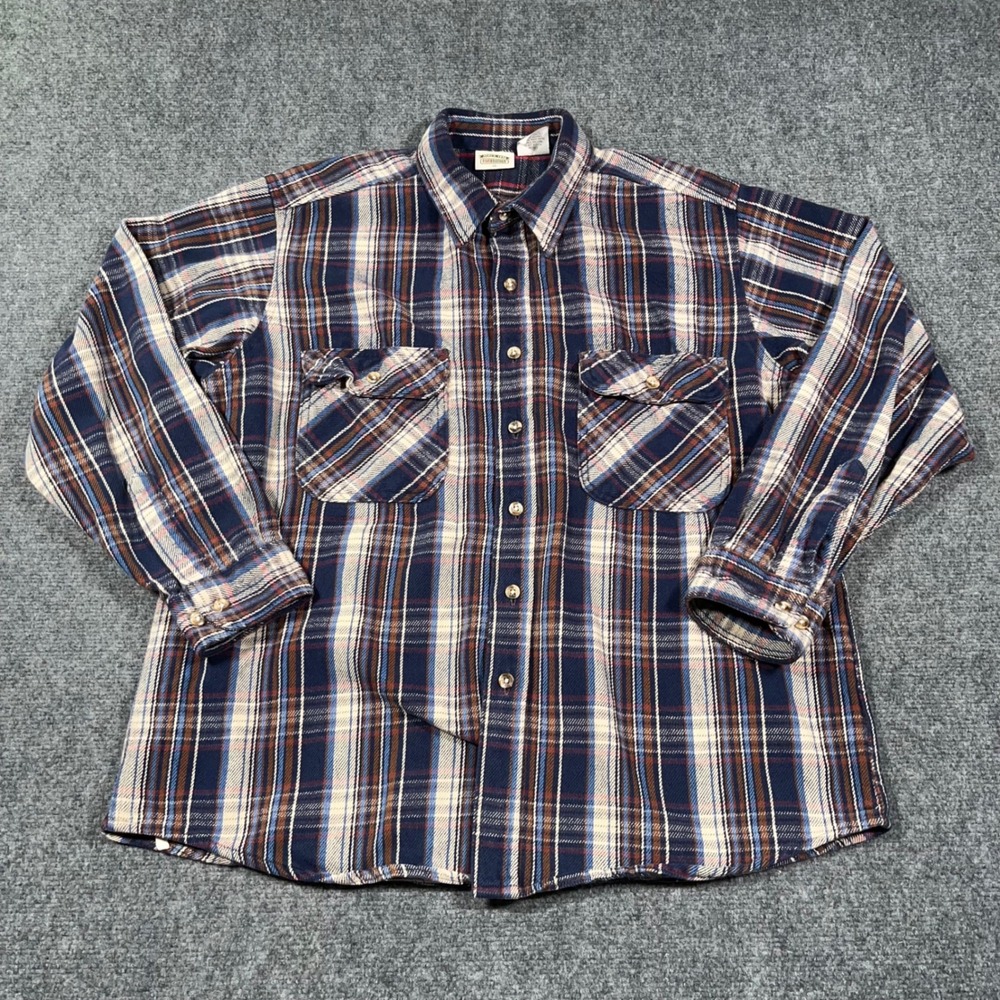 VTG Five Brother Heavy Flannel Button Down Shirt Mens XL Plaid Navy Blue Brown